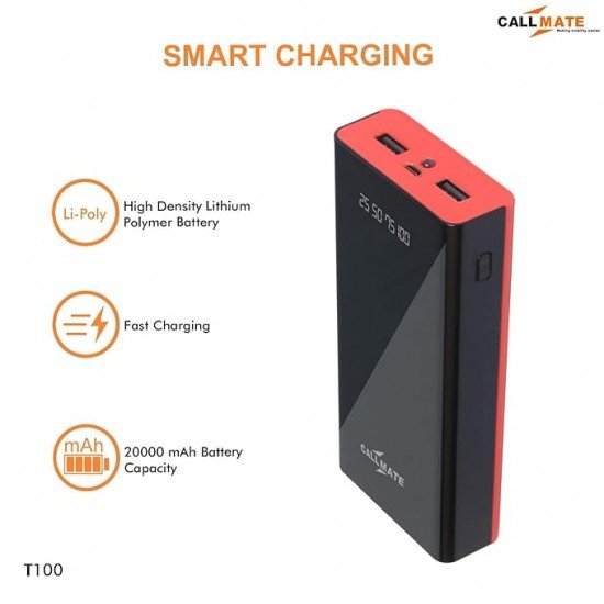 CALL MATE T100 Power Bank 20000 mAh with Dual USB Ports and Semi Digital Battery Indicator with Torch (Red)