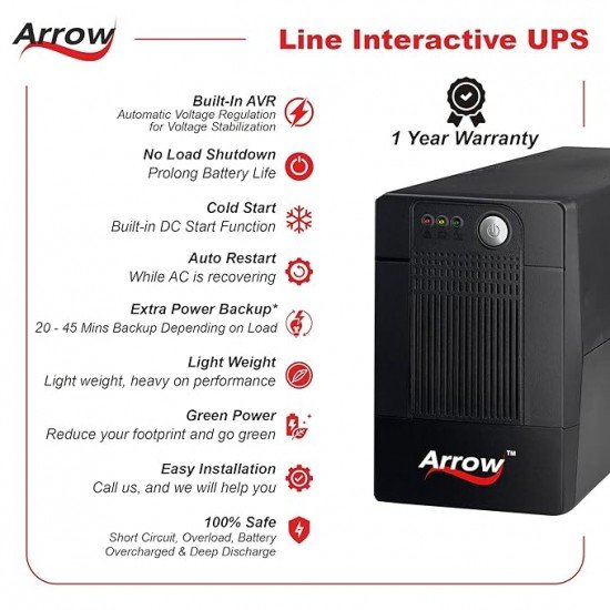 Arrow 600VA Line Interactive UPS an Ideal Power Backup & Protection for Desktop/PC/Computers/Laptops/Routers/Networking Devices/Gaming Consoles with Automatic Voltage Regulation & No-Load Shutdown