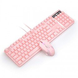 Pink Mechanical Gaming Keyboard and Mouse Combo Blue Switch 104 Keys White Backlit Keyboards, 7 Button Mouse Wired for Windows, Computer, Desktop, PC, Notebook, Laptop(Pink)