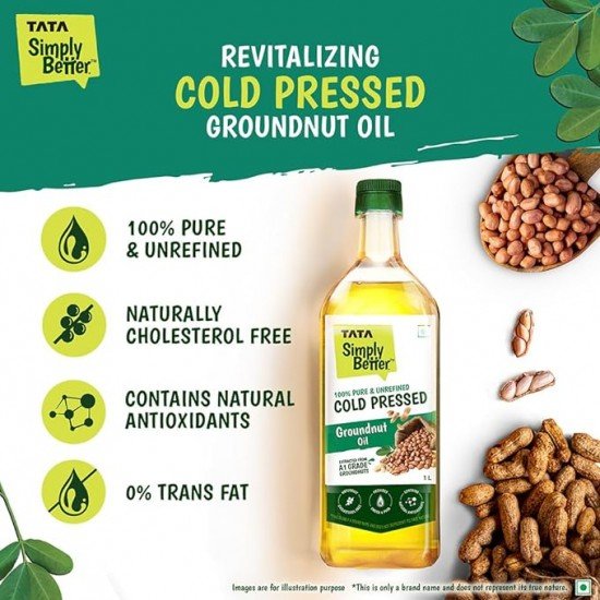 Tata Simply Better Pure and Unrefined Cold Pressed Groundnut Oil, Naturally Cholesterol Free, Groundnut Oil with Rich Aroma & Flavour of Real Groundnuts, Can Be Used in Daily Cooking, Multipurpose Usage, A1 Grade Groundnuts, Purity in Every Drop, 1L