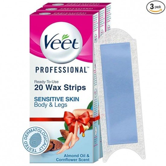 Veet Professional Waxing Strips Kit for Sensitive Skin, 20 Strips (Pack of 3) | Gel Wax Hair Removal for Women | Up to 28 Days of Smoothness | No Wax Heater or Wax Beans Required