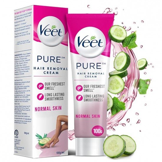 Veet Pure Hair Removal Cream for Women With No Ammonia Smell, Normal Skin - 100g | Suitable for Legs, Underarms, Bikini Line, Arms | 2x Longer Lasting Smoothness than Razors