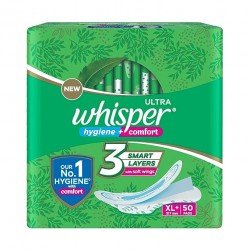 Whisper Ultra Clean Sanitary Pads for Women|50 thin Pads|XL+|Hygiene & Comfort|Soft Wings|Dry top sheet|Suitable for Heavy flow|Odour free|31.7 cm Long|With disposable wrap