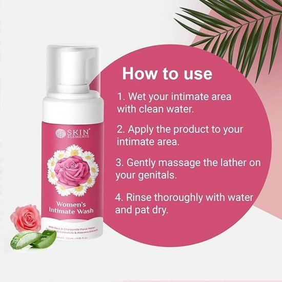 Skin Elements Intimate wash for Women 120 ml | with Rose Water, Chamomile, Calendula & Aloe Vera Extracts | Prevents ODOUR, ITCHING and IRRITATION | Restores the pH balance