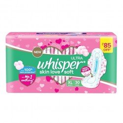 Whisper Ultra Skinlove Soft Sanitary Pads for Women|30 thin Pads|XL|Cottony soft|our #1 Softness|Soft top sheet|Irritation free |28.4 cm Long|With disposable wrap