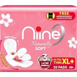 NIINE Naturally Soft Ultra Thin XL+ Sanitary Napkins for Heavy Flow (Pack of 1) 50 Pads with Free Biodegradable Disposal Bags