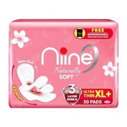 NIINE Naturally Soft Ultra Thin XL+ Sanitary Napkins for Heavy Flow (Pack of 1) 50 Pads with Free Biodegradable Disposal Bags