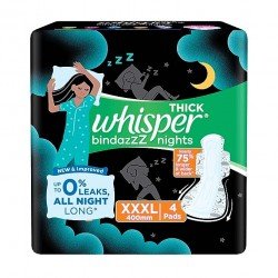 Whisper Bindazzz Night Sanitary Pads|4 thick Pads|XXXL|upto 0% Leaks|Suitable for Heavy Flow|75% Longer & Wider back|Comfortable Cushiony soft wings|40 cm Long|With disposable wrap