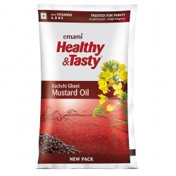 Emami Healthy and Tasty Kachchi Ghani Mustard Oil with High Pungency, Strong Aroma & Flavour, 1L Pouch