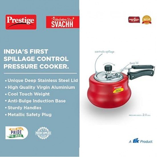 Prestige 2L Nakshatra DUO Plus Svachh Inner Lid Aluminium Handi|Ideal for 2-3 persons|Deep lid for Spillage Control|Gas or induction compatible|Red|5 years warranty