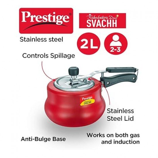 Prestige 2L Nakshatra DUO Plus Svachh Inner Lid Aluminium Handi|Ideal for 2-3 persons|Deep lid for Spillage Control|Gas or induction compatible|Red|5 years warranty