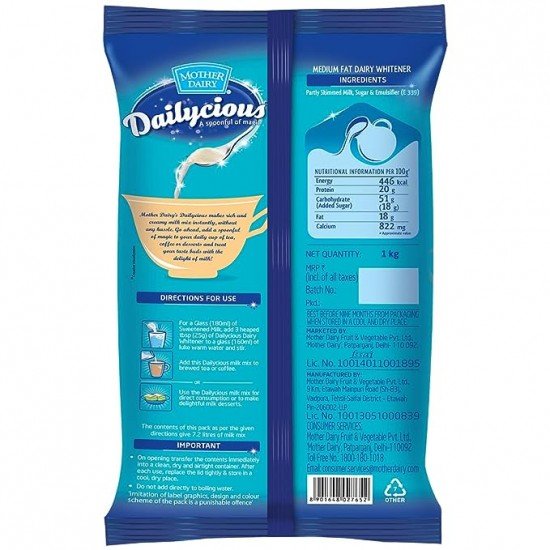 Mother Dairy Dailycious Rich & Creamy Dairy Whitener Pouch, 1Kg, Powder