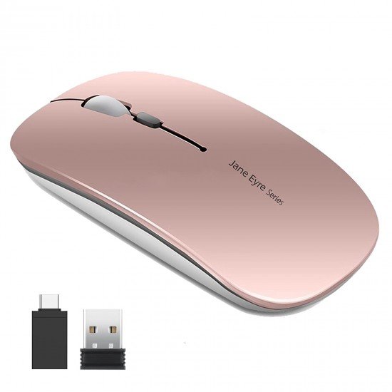 Picktech Q5 Slim Rechargeable Wireless Mouse, 2.4G Portable Optical Silent Ultra Thin Wireless Computer Mouse with USB Receiver and Type C Adapter, Compatible with PC, Laptop, Desktop (Rose Gold)