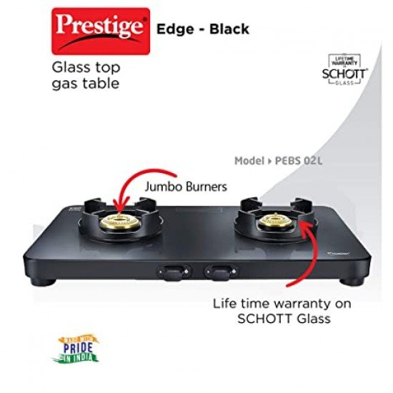 Prestige Edge 02 Black Pebs 2 Burner Glass Manual Gas Stove