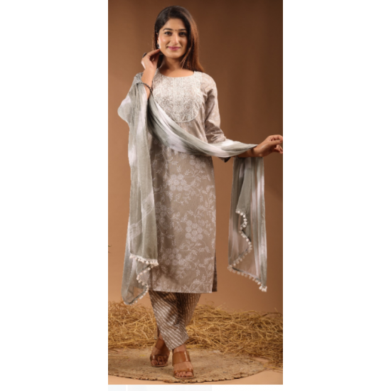 Women  Embroidered Kurta, Plazo and Dupatta Set