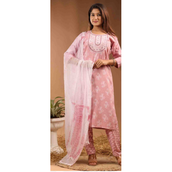 Women  Embroidered Kurta, Plazo and Dupatta Set