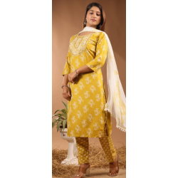 Women  Embroidered Kurta, Plazo and Dupatta Set