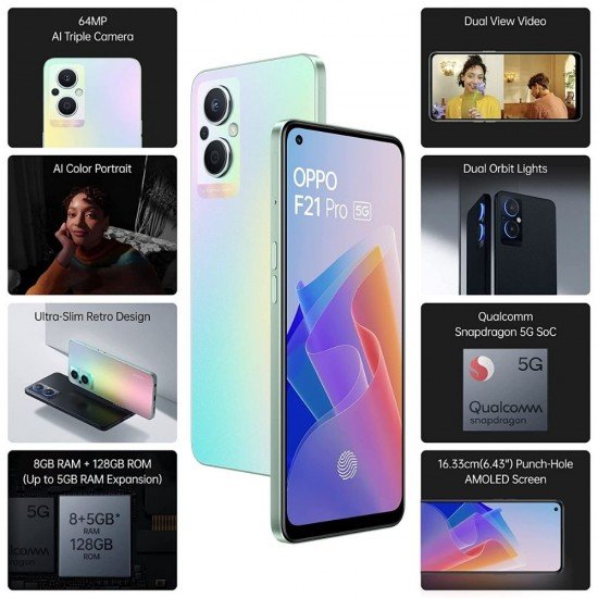 OPPO F21 Pro 5G 8GB 128 Rainbow Spectrum-Activated Mobile (8 GB RAM, 128 GB Storage)