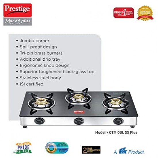 Prestige Marvel Plus 3B 3 Burner Glass Manual Gas Stove