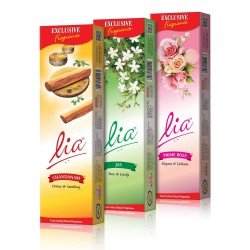 Lia Agarbatti Special Combo Pack Pack Of 3 (166 Sticks Per Pack) Lia Chandanam, Jas, Prime Rose Incense Woody, Floral Incense For Puja, Relaxation, Freshness, Happy Vibes