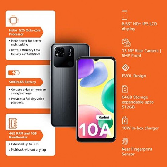 Redmi 10A 4GB 64GB Charcoal Black Mobile (4 GB RAM, 64 GB Storage)